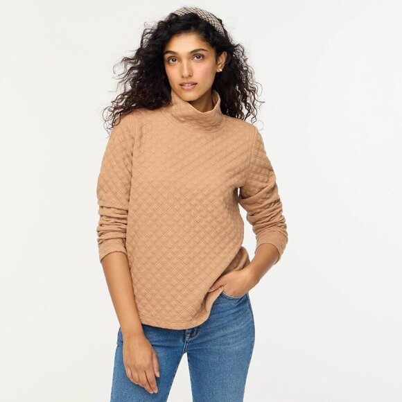 J.Crew Pale Mocha Quilted Mockneck Pullover Sweatshirt Women's Size XL - Picture 1 of 8